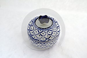 Big ceramic side dish bowl Ã¢â¬Åpineapple patternÃ¢â¬Â white blue color on white background.